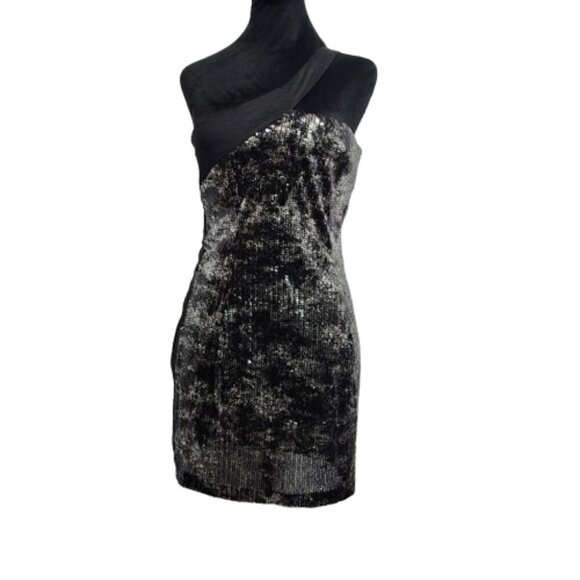 Jessica McClintock One Shoulder Strap Sequined Black and Gray Dress Women's 10 - Picture 3 of 8